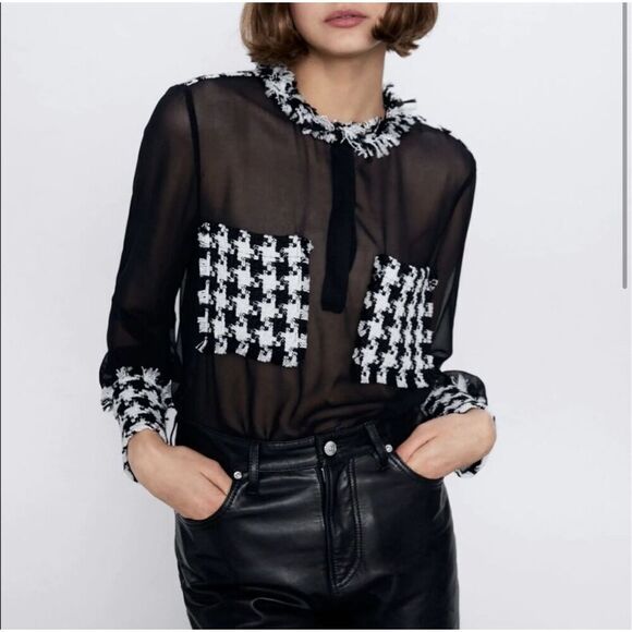 Zara sheer black and white houndstooth tweed pocket blouse sz L - Picture 1 of 6